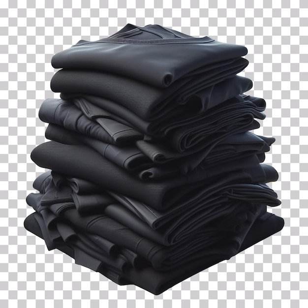 A stack of black folded shirts isolated on a transparent background