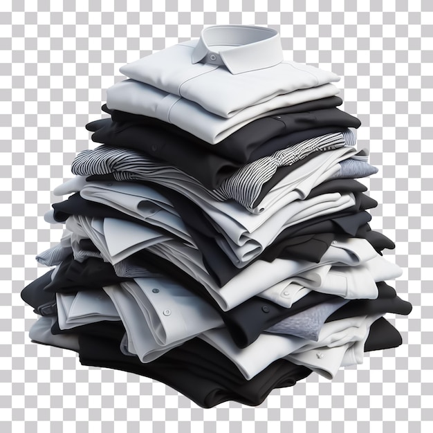 A stack of black and white folded shirts isolated on a transparent background