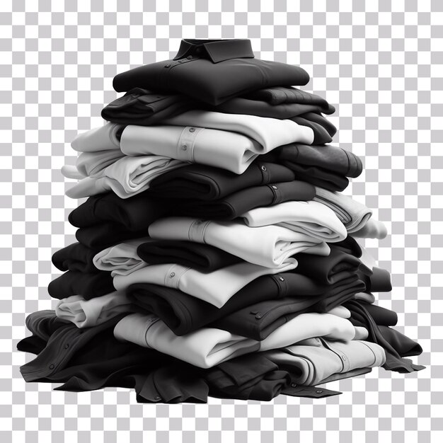 A stack of black and white folded shirts isolated on a transparent background