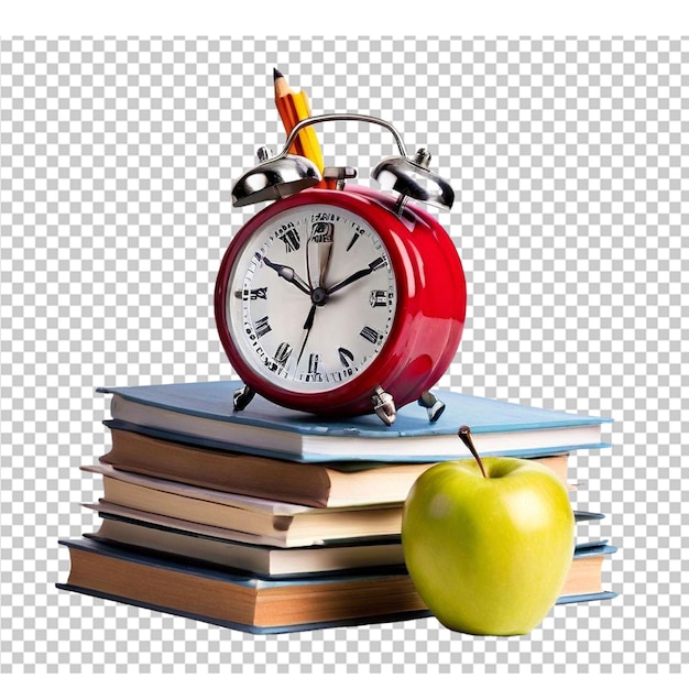 Stack of books and notebooks red apple pencil holder on wooden desk in front of blackboard with Hebrew letters quotalefquot and quotbetquot Back to school concept