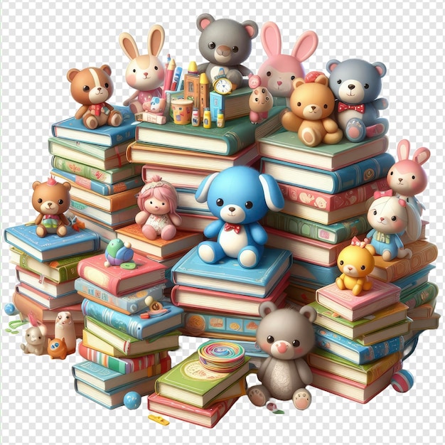 a stack of books with a bunny on the top