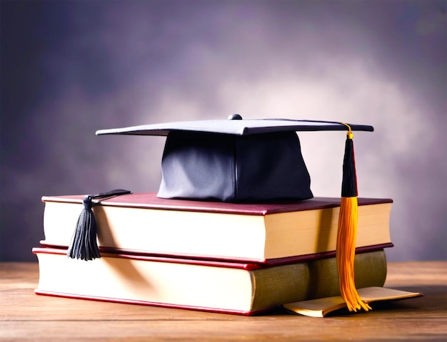 A stack of books with a graduation cap on top