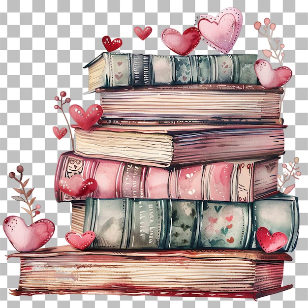 a stack of books with hearts and flowers on top of them