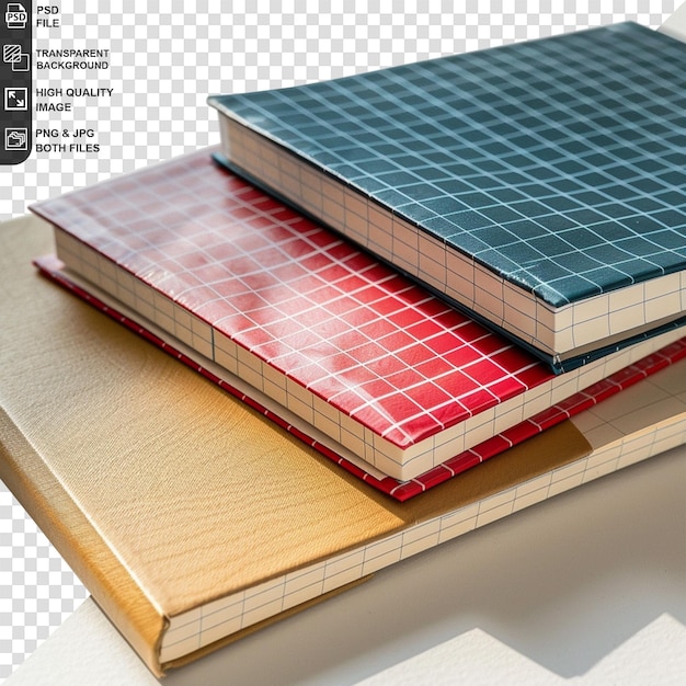 PSD a stack of books with a red and blue cover and a black and white checkered cover