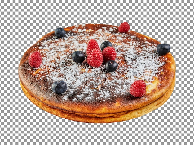 A stack of cheesecake with berries and powdered sugar on transparent background