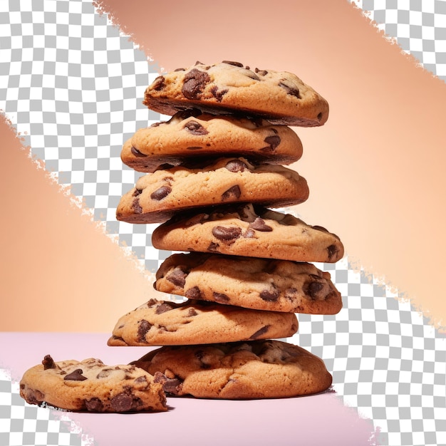 a stack of chocolate cookies with chocolate chips on the bottom.