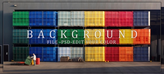 PSD stack of colorful containers against industrial building