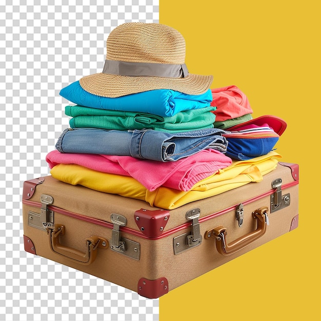 PSD a stack of colorful shirts with a straw hat on top of them