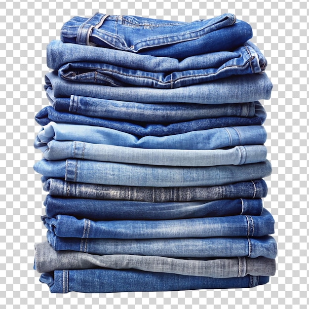 PSD a stack of different shades of blue denim jeans isolated on transparent background