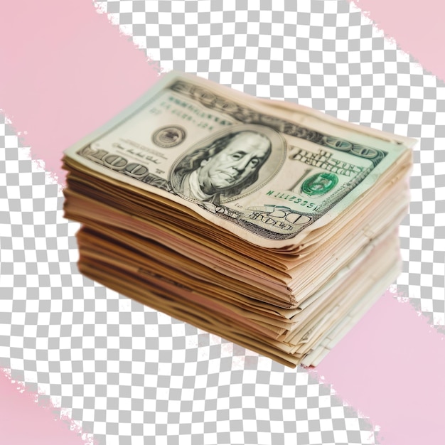 a stack of dollar bills with a pink background with a picture of a dollar bill on it