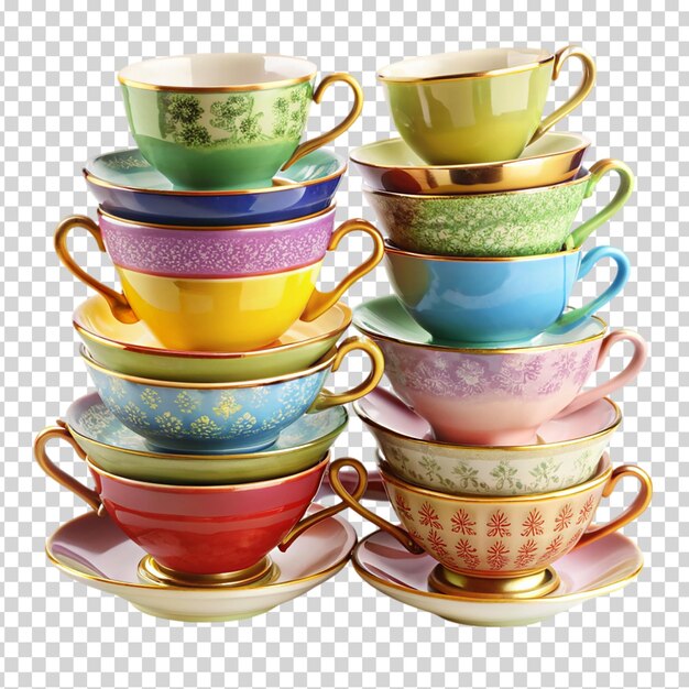 A stack of four tea cups and saucers on transparent background