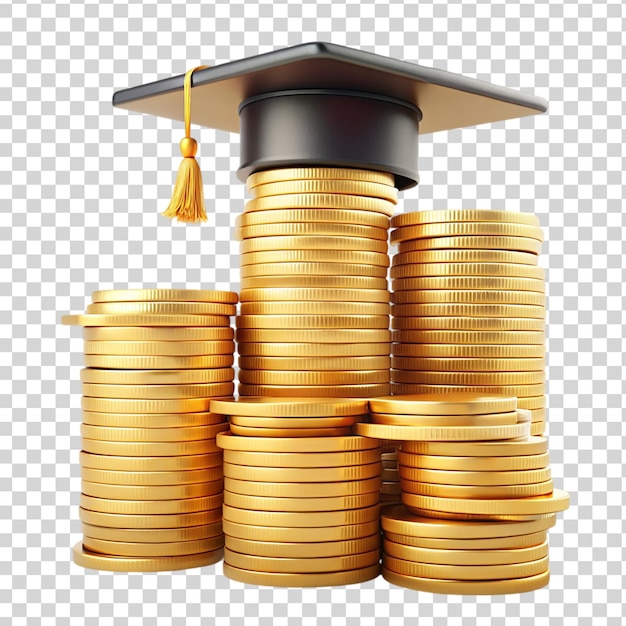 PSD a stack of gold coins and a graduate cap 3d on transparent background