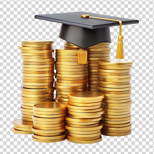 PSD a stack of gold coins and a graduate cap 3d on transparent background