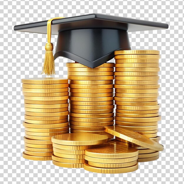 A stack of gold coins and a graduate cap 3d on transparent background