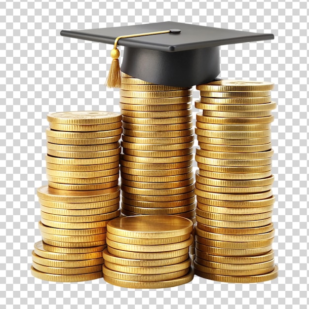 A stack of gold coins and a graduate cap 3d on transparent background