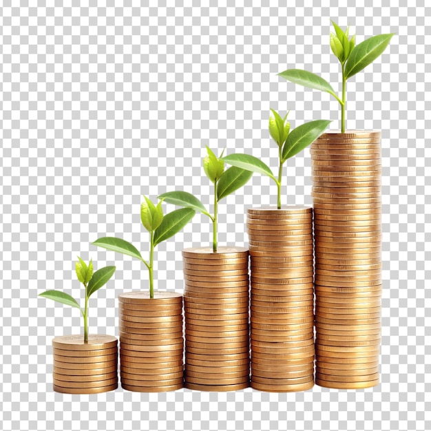 PSD stack of gold coins with plants growing out of them on transparent background