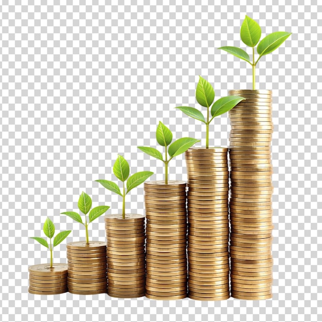 Stack of gold coins with plants growing out of them on transparent background