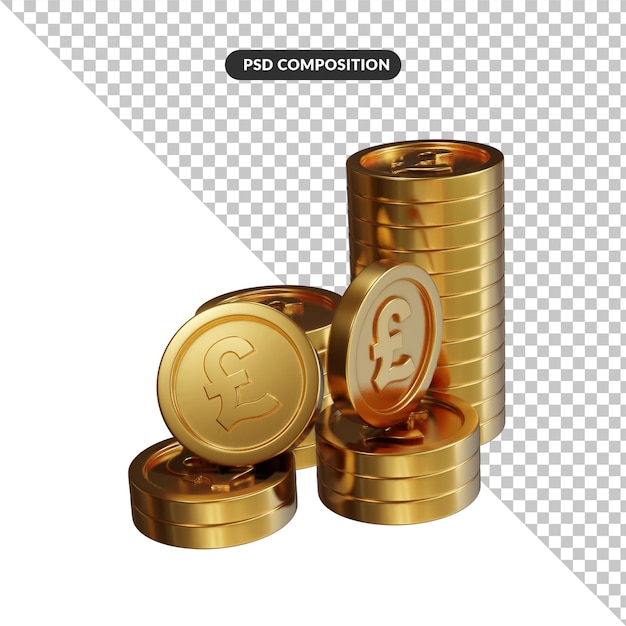 Stack of golden pound coins3d rendering isolated