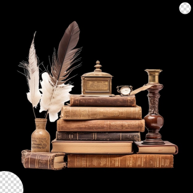 Stack old vintage books on shelf antique ink png