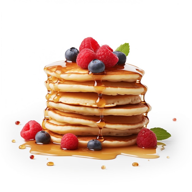 stack of pancakes with honey blueberries and raspberries isolated on transparent background