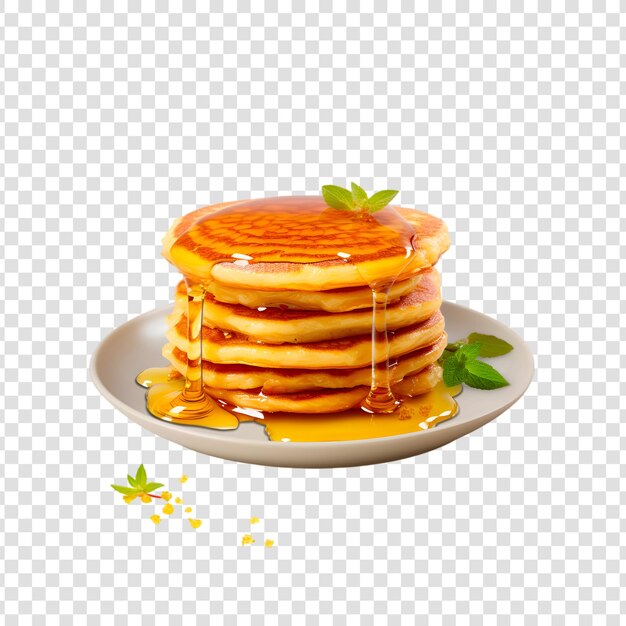 PSD stack of tasty pancakes with blueberry and honey on a transparent background