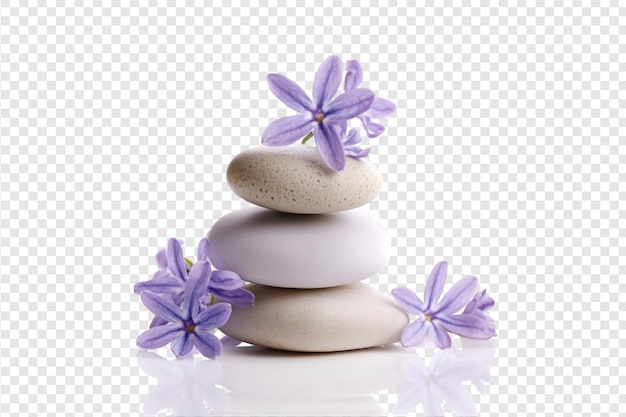 Stack of white stones with purple flowers on a transparent background