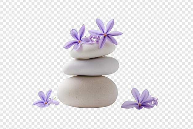 Stack of white stones with purple flowers on a transparent background