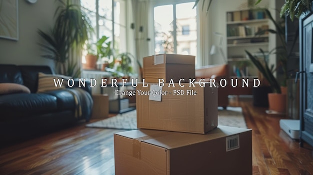 PSD stacked cardboard boxes in a sunlit living room