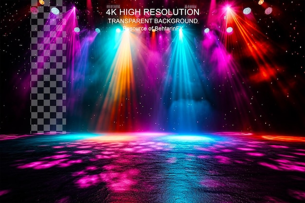 Stage with lights magical spotlight effect and colorful ambiance on transparent background