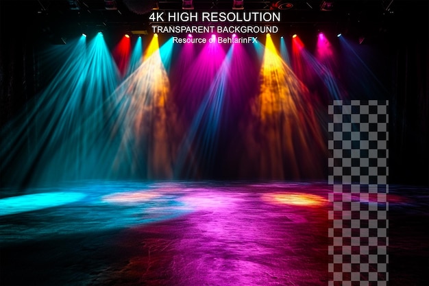 Stage with lights magical spotlight effect and colorful ambiance on transparent background