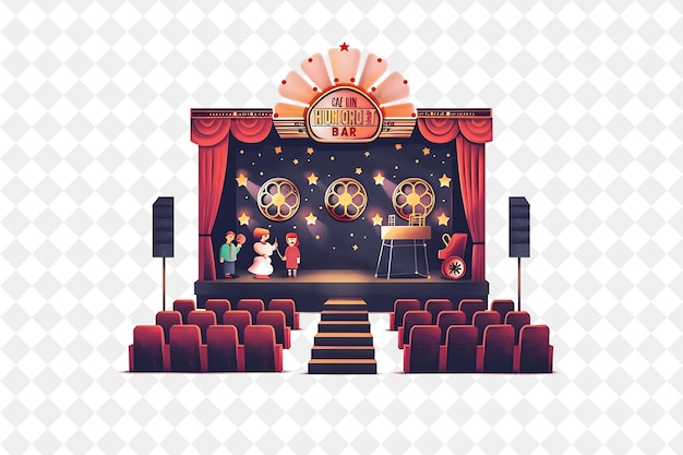 a stage with a red stage and a little boy in front of it