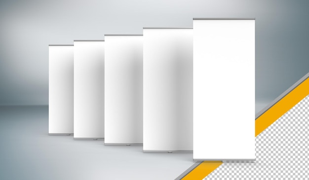 PSD staggered layout of multiple exhibition pullup banner stands viewed from the front transparent psd.