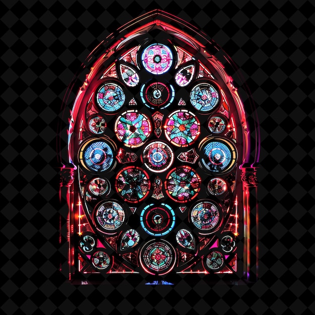 PSD stained glass window with vibrant red neon accents made with neon object on dark background