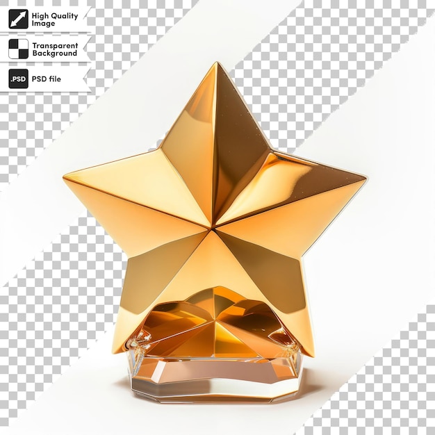 a star shaped bottle of perfume sits on a transparent surface