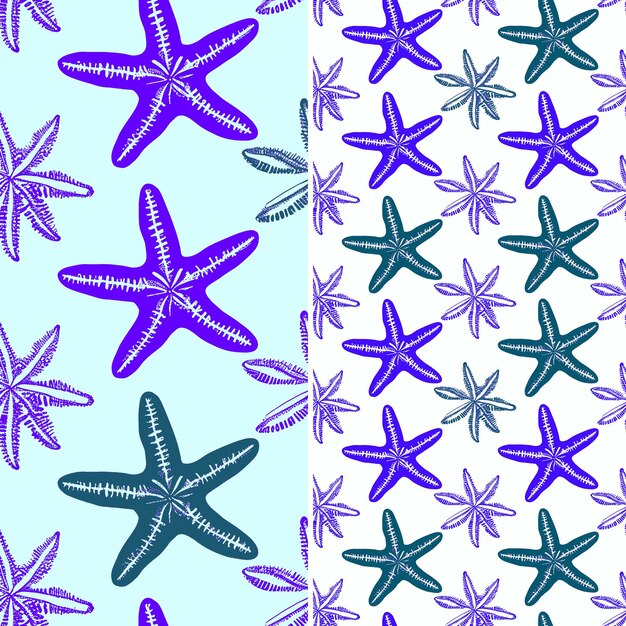 Starfish With Sand Dollar Silhouette Clustered Together in a Nature Pattern Vector Designs