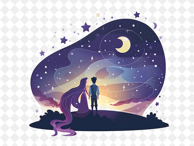 PSD starry night with rapunzel and flynn rider gazing at the sta people life style flat illustration