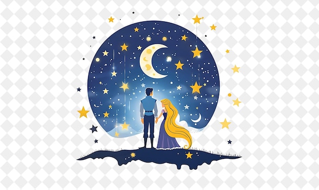 Starry Night With Rapunzel and Flynn Rider Gazing at the Sta People Life Style Flat Illustration