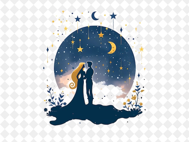 PSD starry night with rapunzel and flynn rider gazing at the sta people life style flat illustration