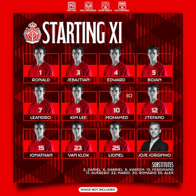 PSD starting line up soccer team graphic design template