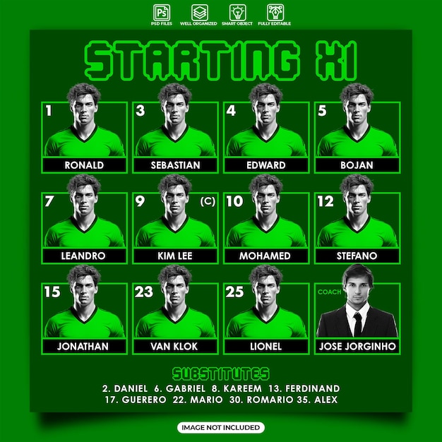 PSD starting xi football team design template