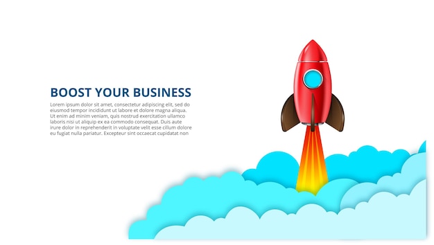 PSD startup infographic with red rocket and clouds boost your business illustration