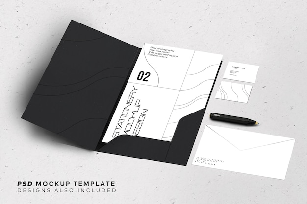 Stationery branding mockup template with A4 Letterhead business card envelope note bookpencil