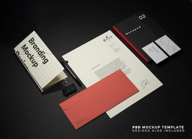 Stationery branding mockup template with A4 Letterhead business card envelope note bookpencil