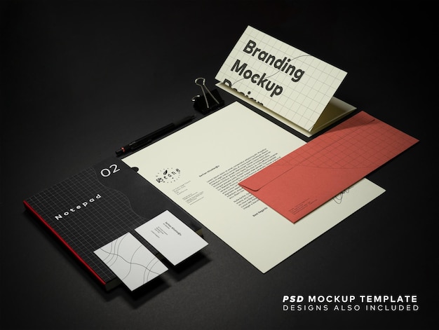 Stationery branding mockup template with A4 Letterhead business card envelope note bookpencil