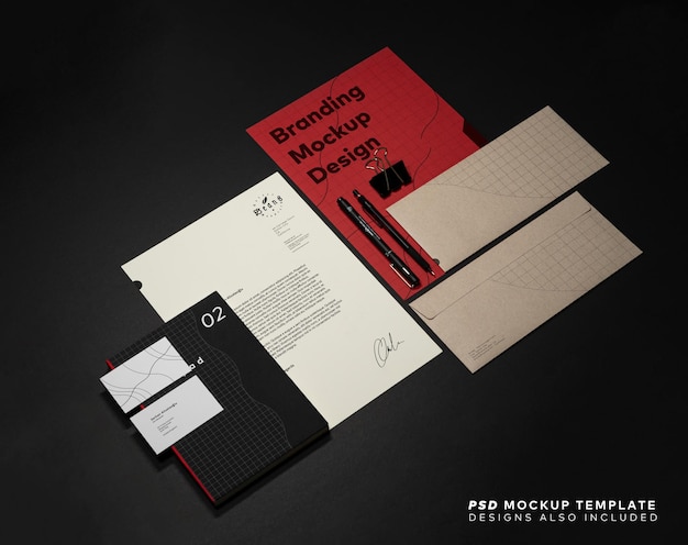 Stationery branding mockup template with A4 Letterhead business card envelope note bookpencil