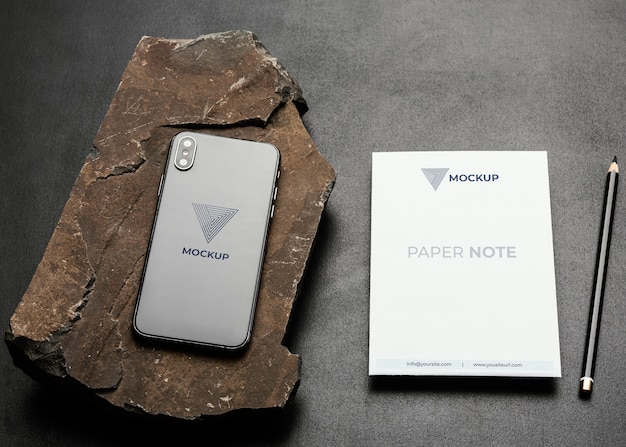 Stationery mock-up with dark rugged rock