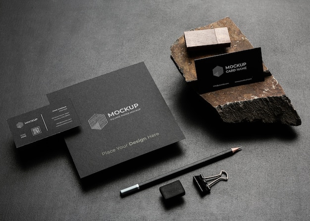 Stationery mock-up with dark rugged rock