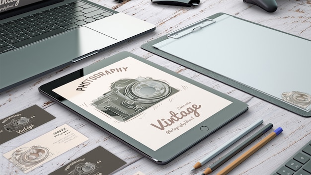 PSD stationery mockup with photography concept