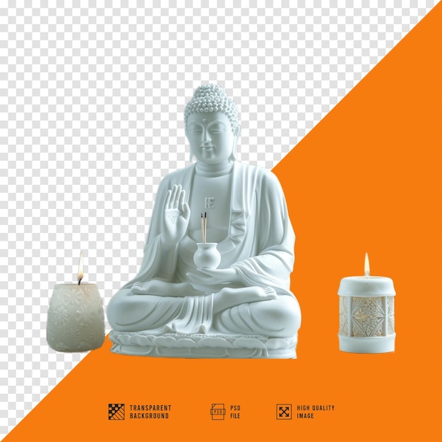 a statue of buddha sits in front of a box with a candle in it