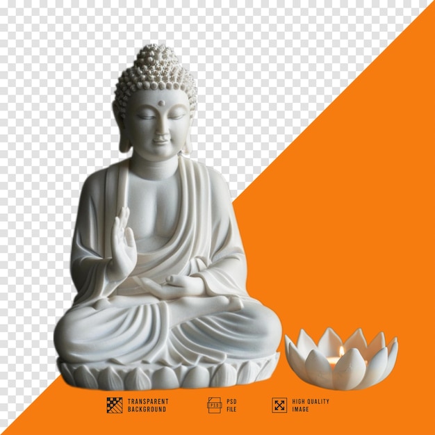 a statue of buddha sits in front of a picture of a buddha